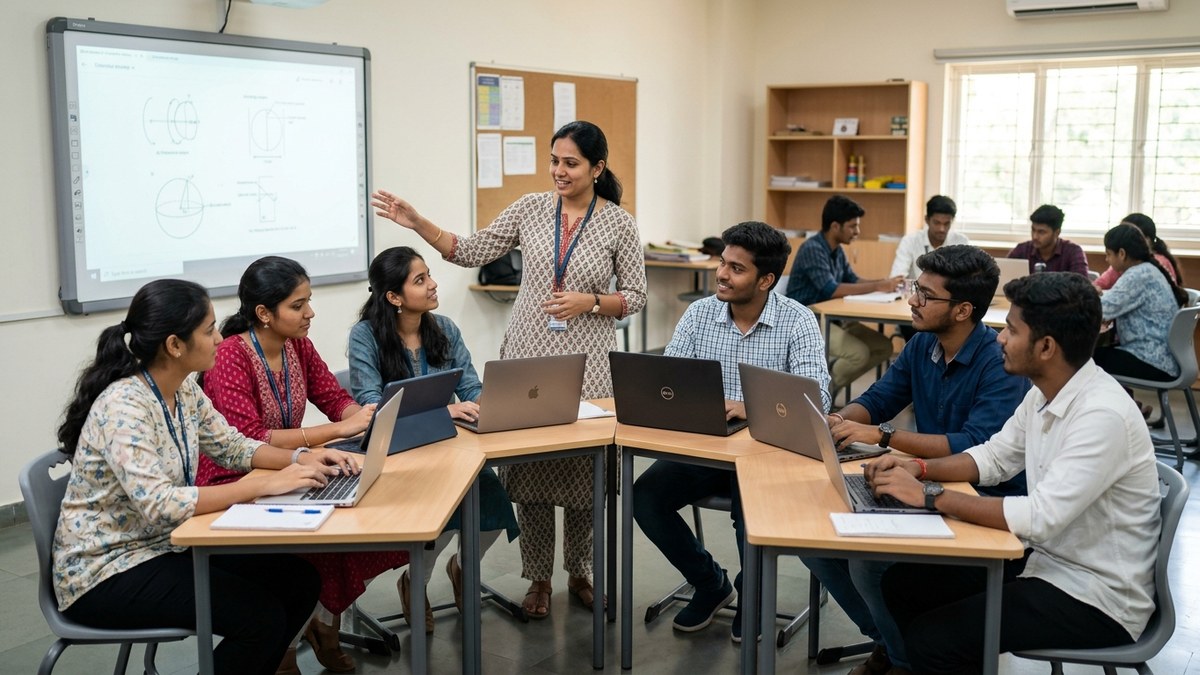 Indian students working on digital devices together with educator