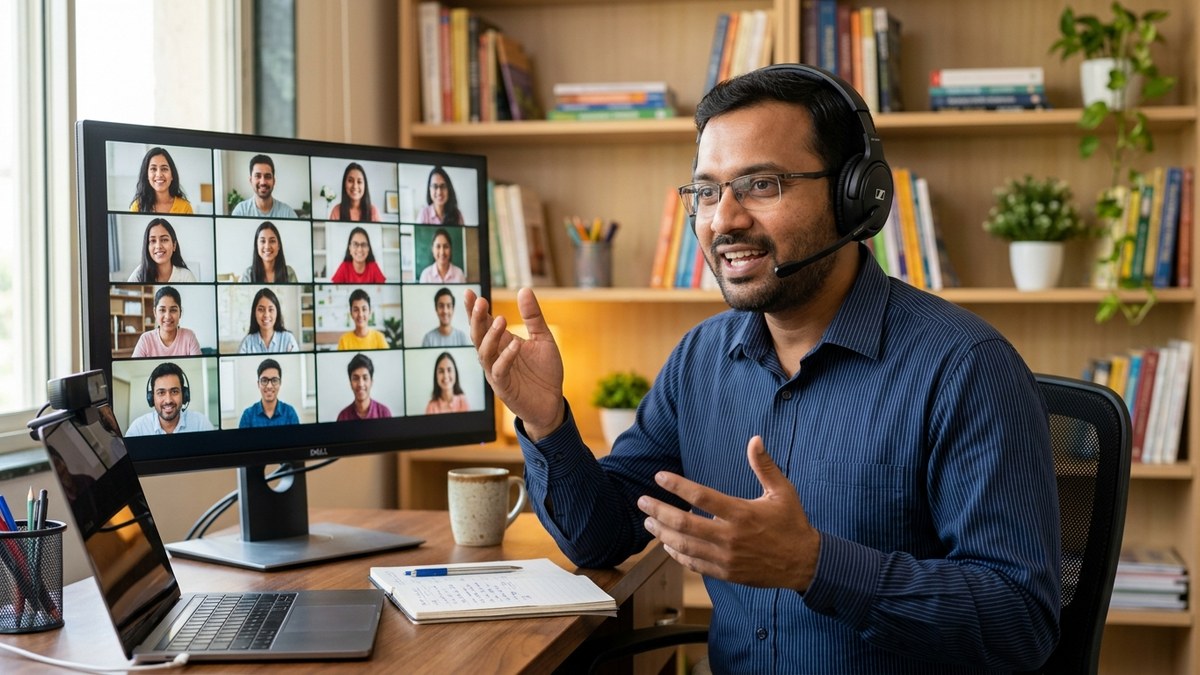 Indian teacher running online tuition classes from home computer with students