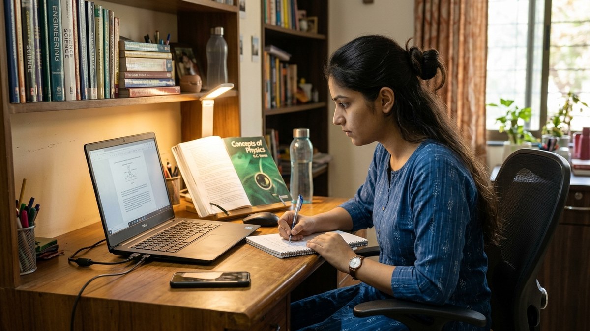 Indian student taking notes on computer while studying from textbook for board exam preparation