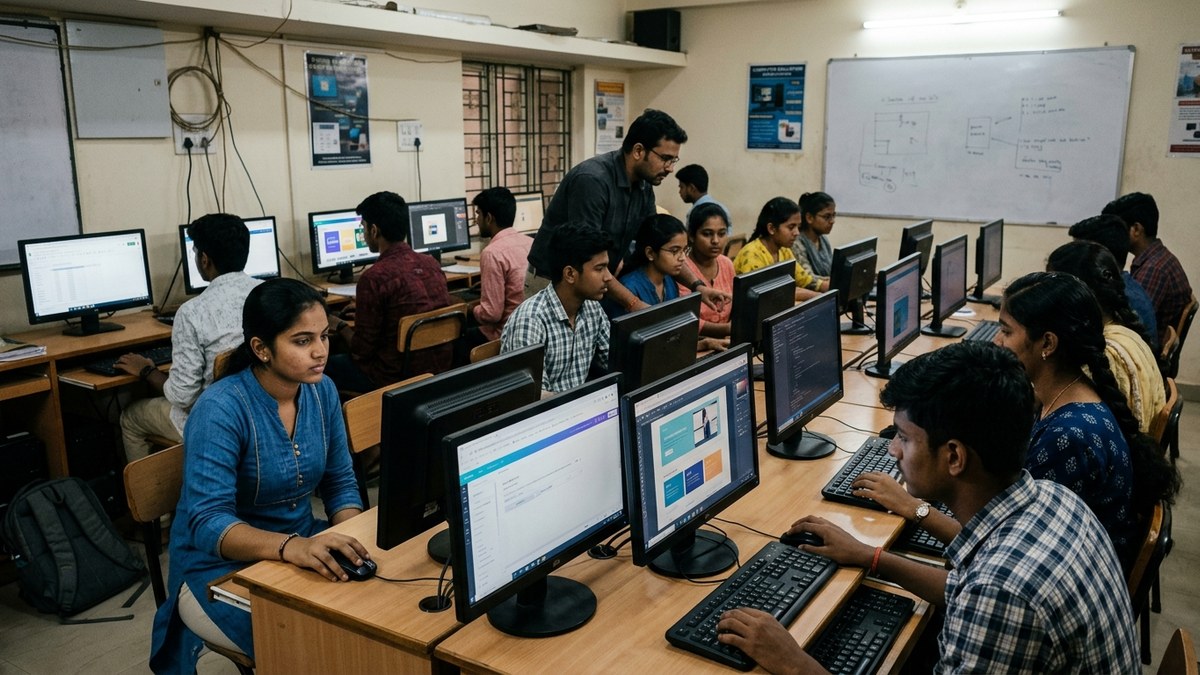 Indian coaching center students learning digital tools on computers