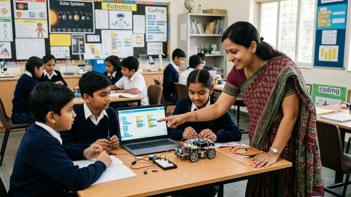 Indian teacher helping students with computer STEM project
