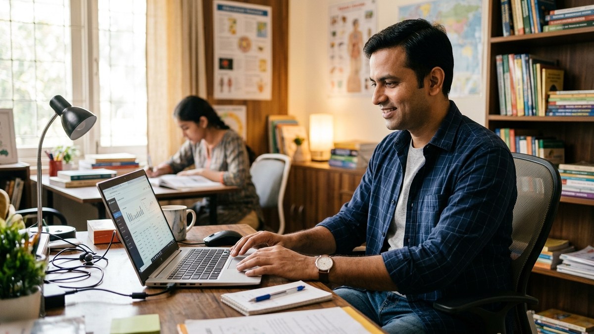 Indian educator using laptop and education software to manage student payments and records