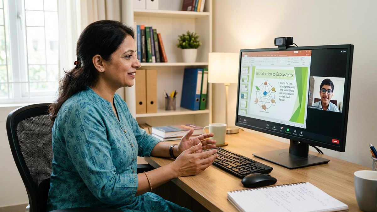 Indian educator teaching with AI-powered smart classroom setup and student engagement