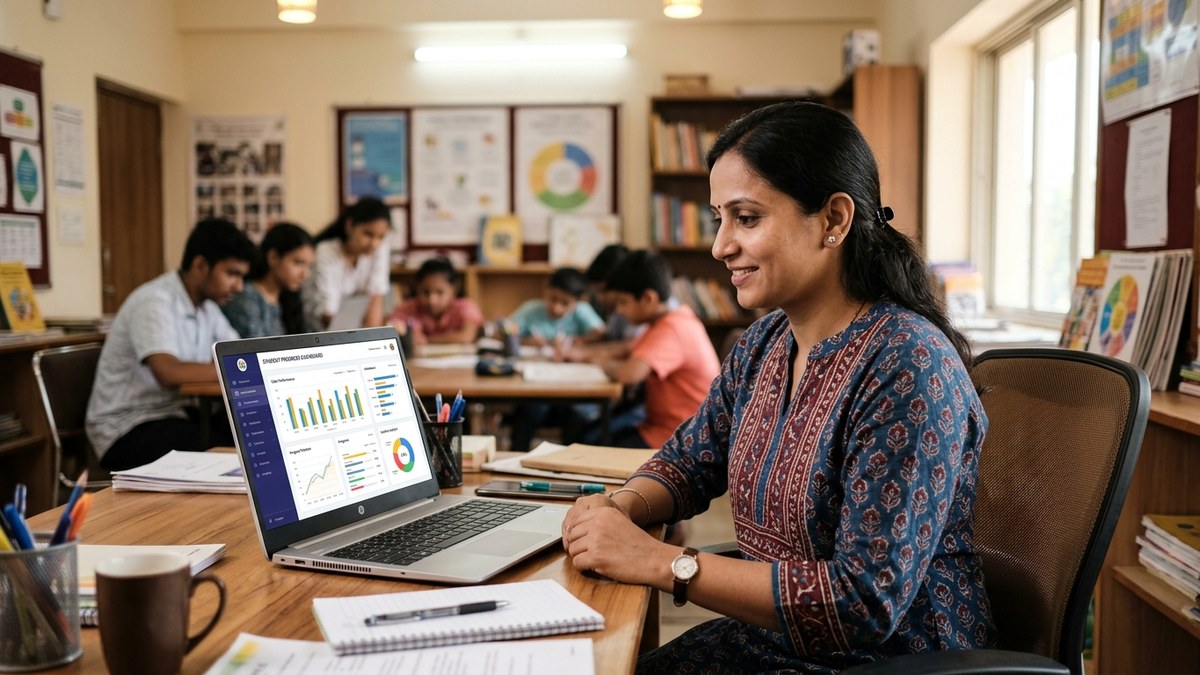 Microschool classroom with students learning on individual devices with educator supervision
