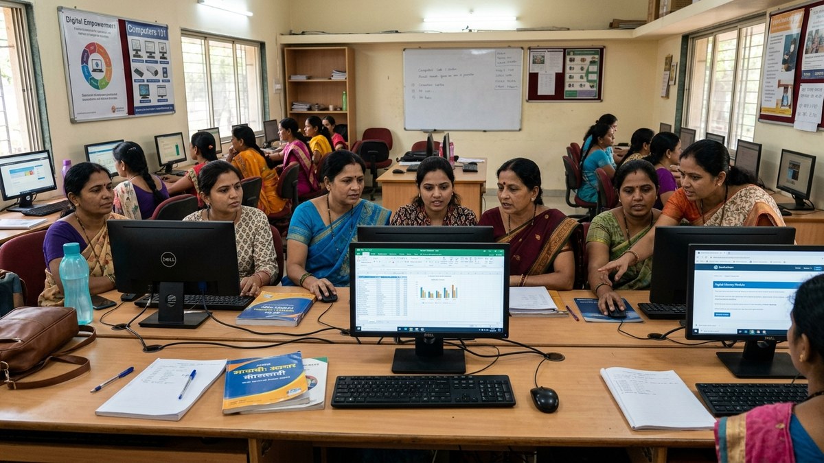 Indian women group learning digital skills together in community centre