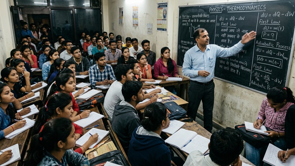Indian students in a coaching class with teacher