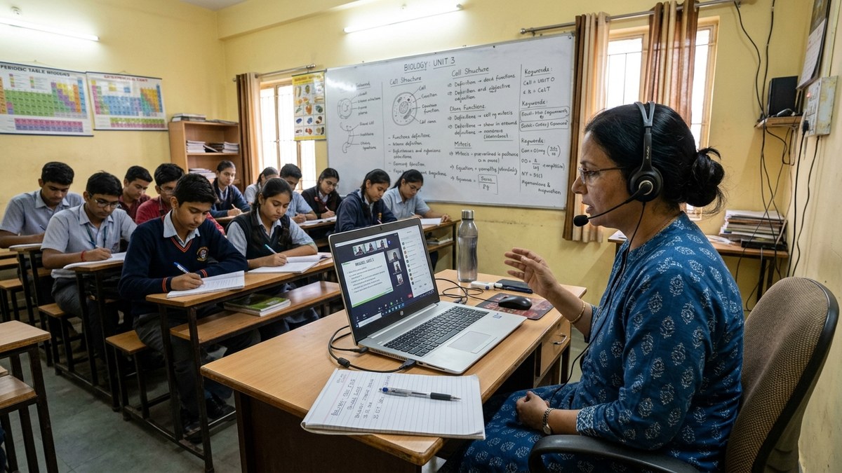 Indian coaching center classroom with digital whiteboard and students learning