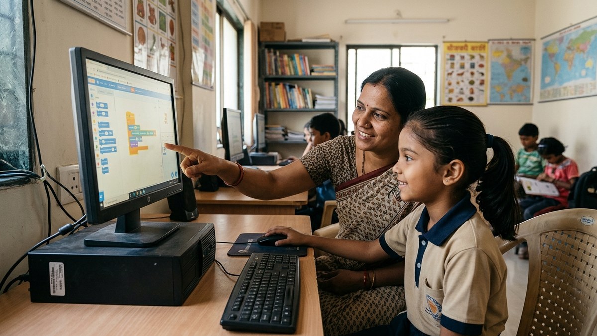 Indian mother helping child with computer at home, community learning context