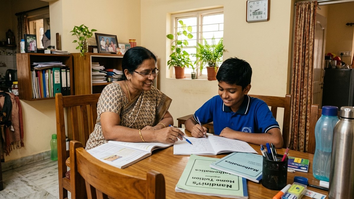 Indian home tutor teaching a student at home