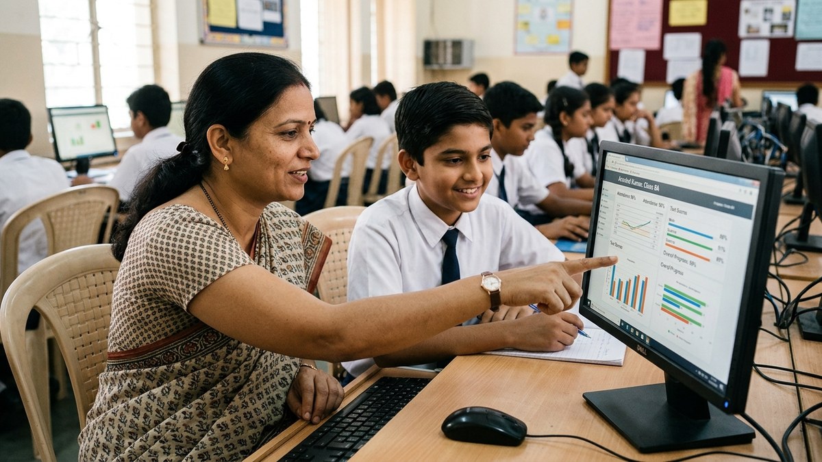 Indian teacher reviewing student progress on computer screen