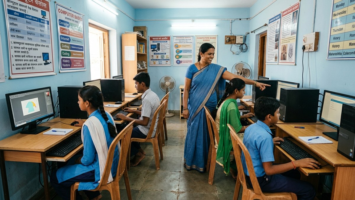 Community learning centre with students attending coding classes India