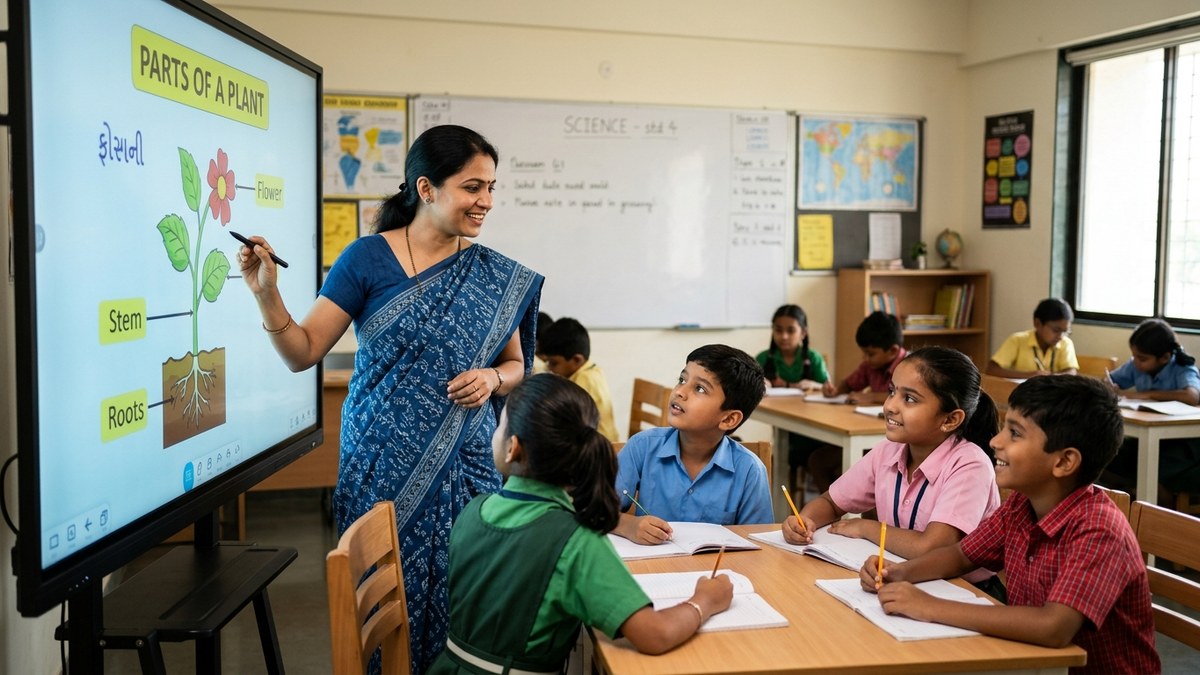 Trained educator teaching a small group of students using a digital screen in an Indian classroom setting