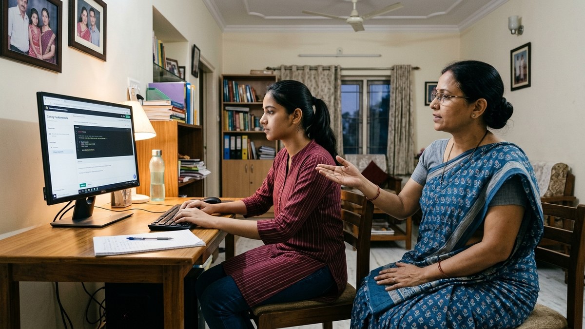 Indian student learning on computer at home with tutor