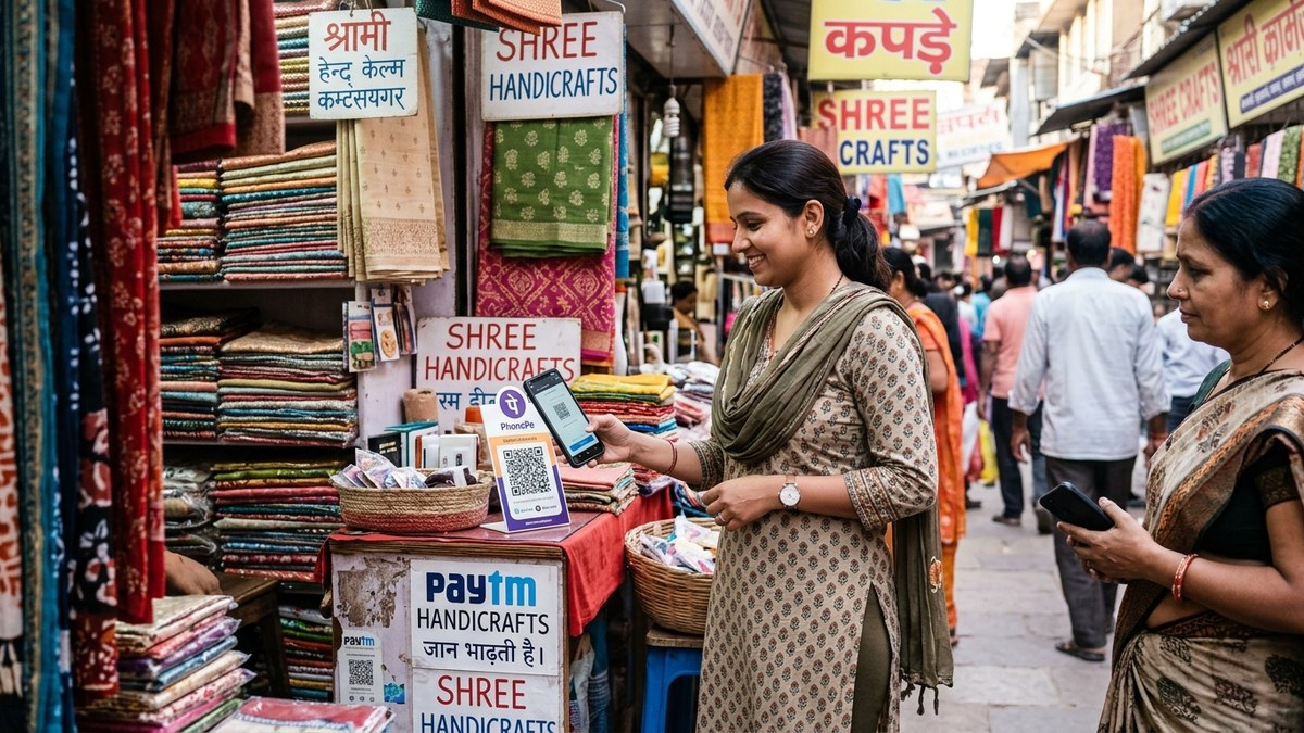 Indian woman entrepreneur using smartphone for digital payments in local market