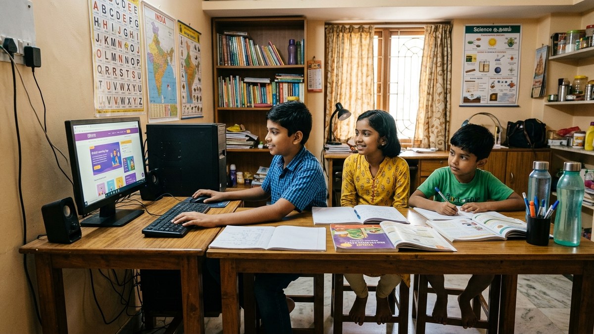 Indian children in home study room with computer setup, home education