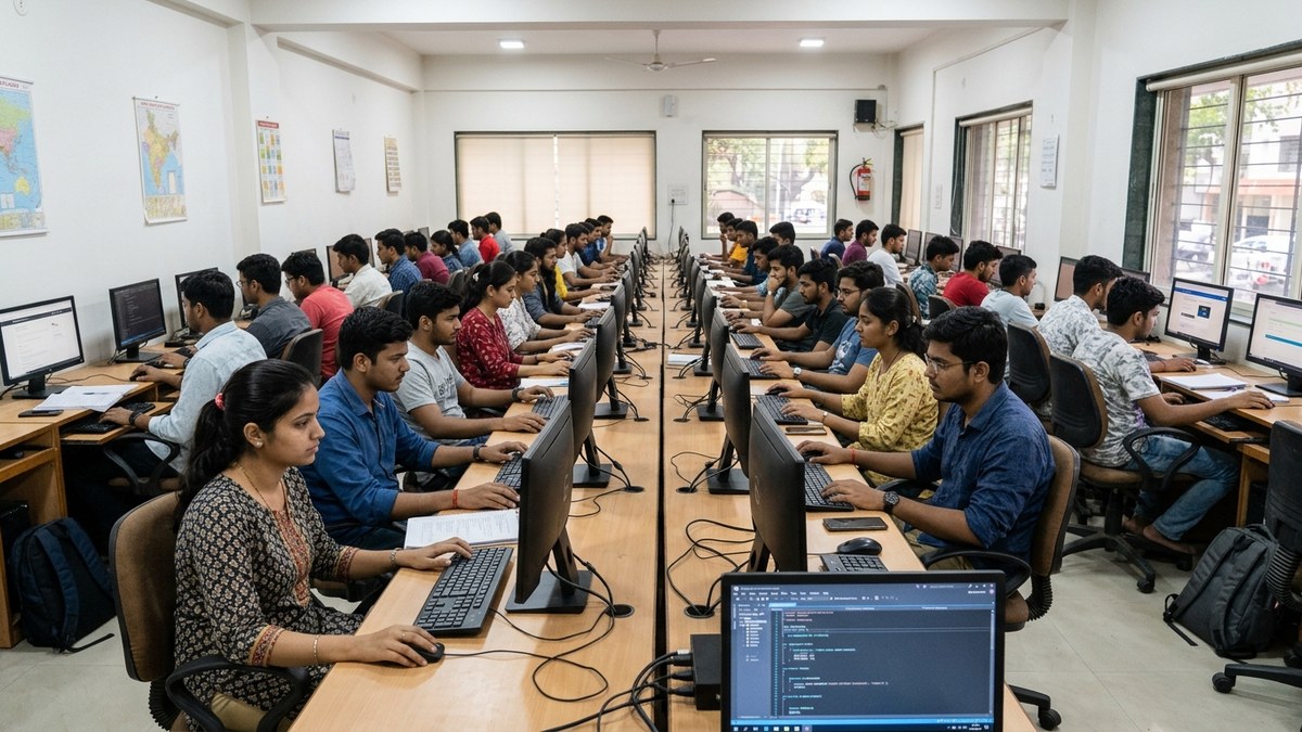 Indian teacher using laptop for online teaching at coaching center