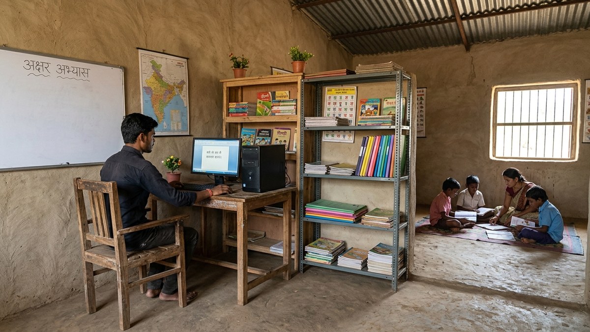 Community learning centre with basic computer setup for digital literacy