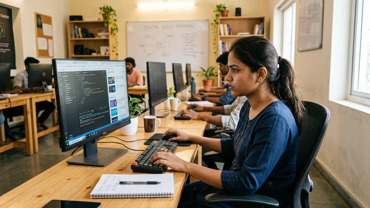 Indian graduate learning digital skills at desktop computer