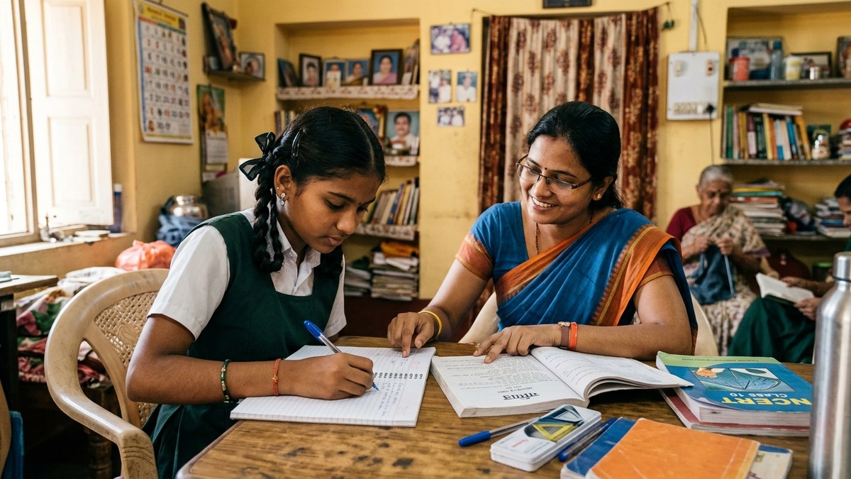 Indian student studying at home with tutor in community learning setting
