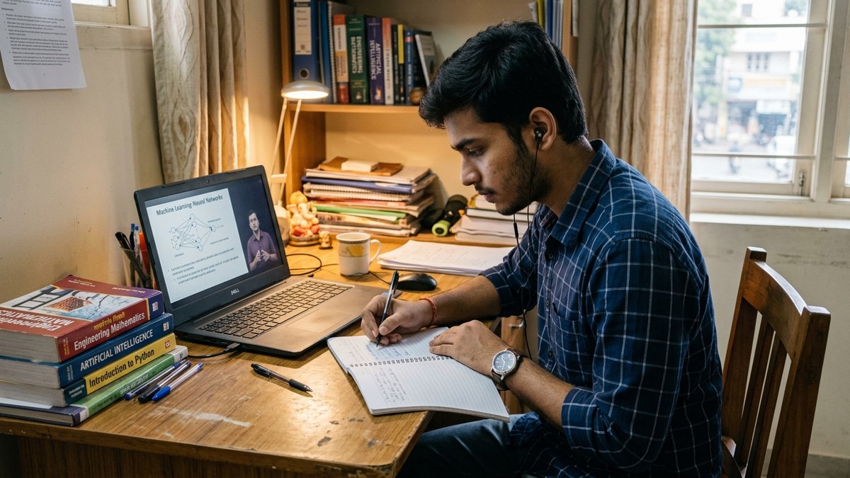 educational YouTube channels - Indian student taking notes while watching learning video