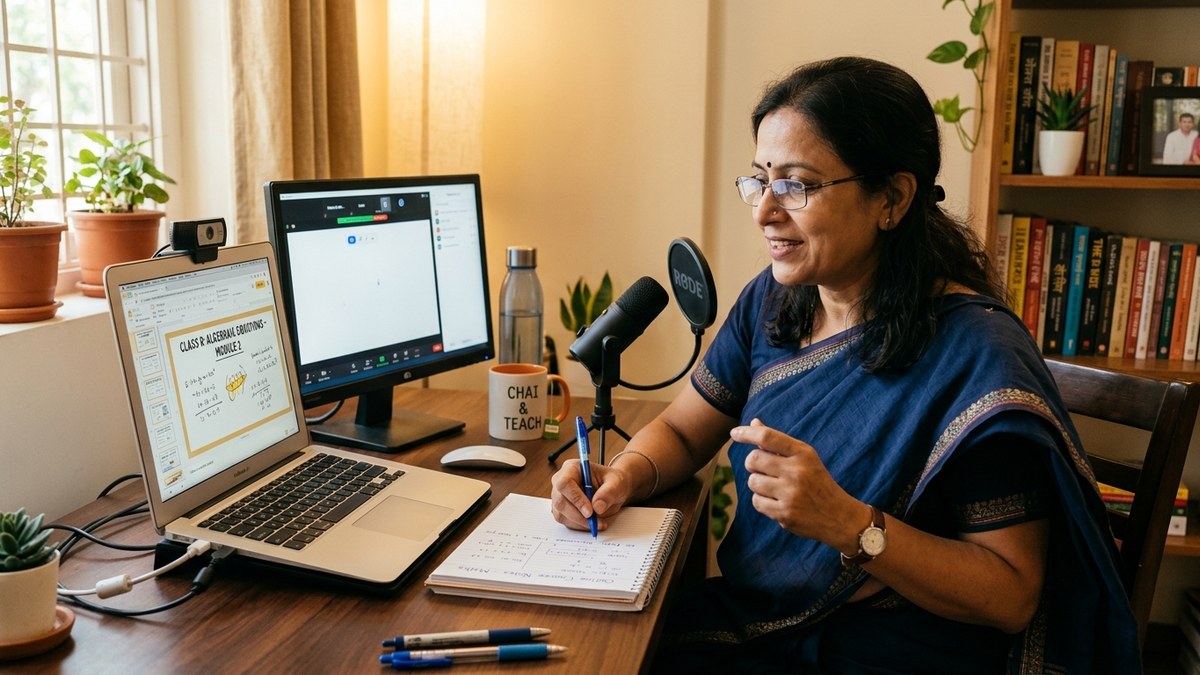 Indian teacher creating online course content at desk