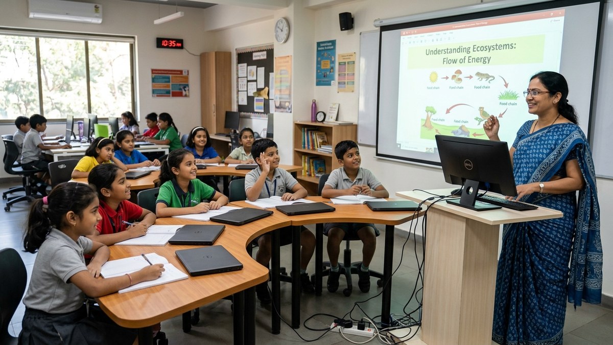 Female educator in India teaching a group of students using a computer and projector setup
