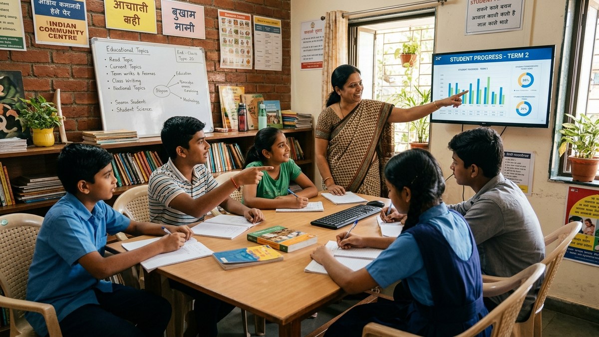 Teacher in Indian community learning centre using smart classroom technology with students
