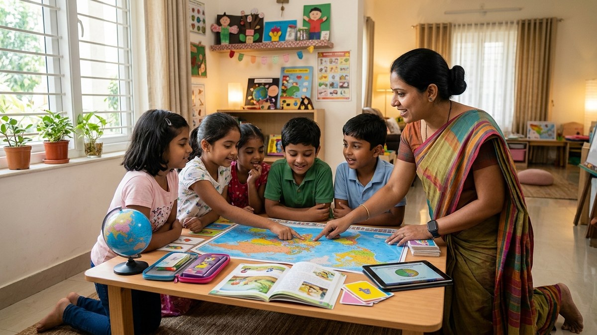 Indian educator teaching small batch of students in home learning centre