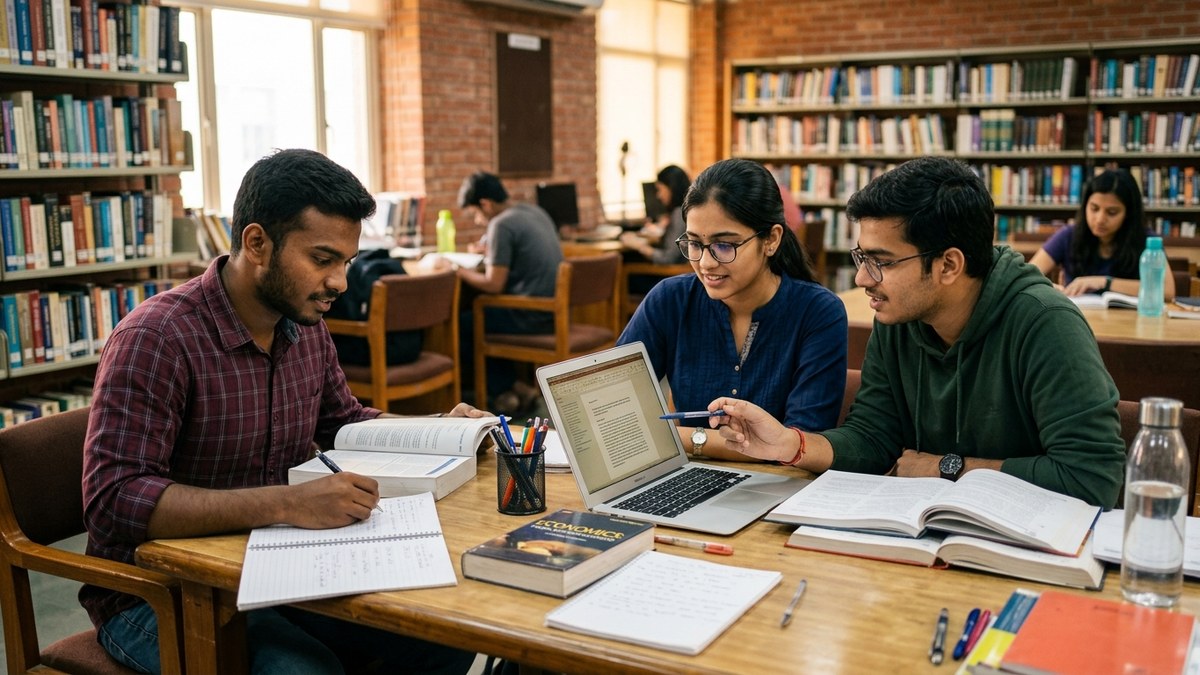 Indian students studying together with books and laptop