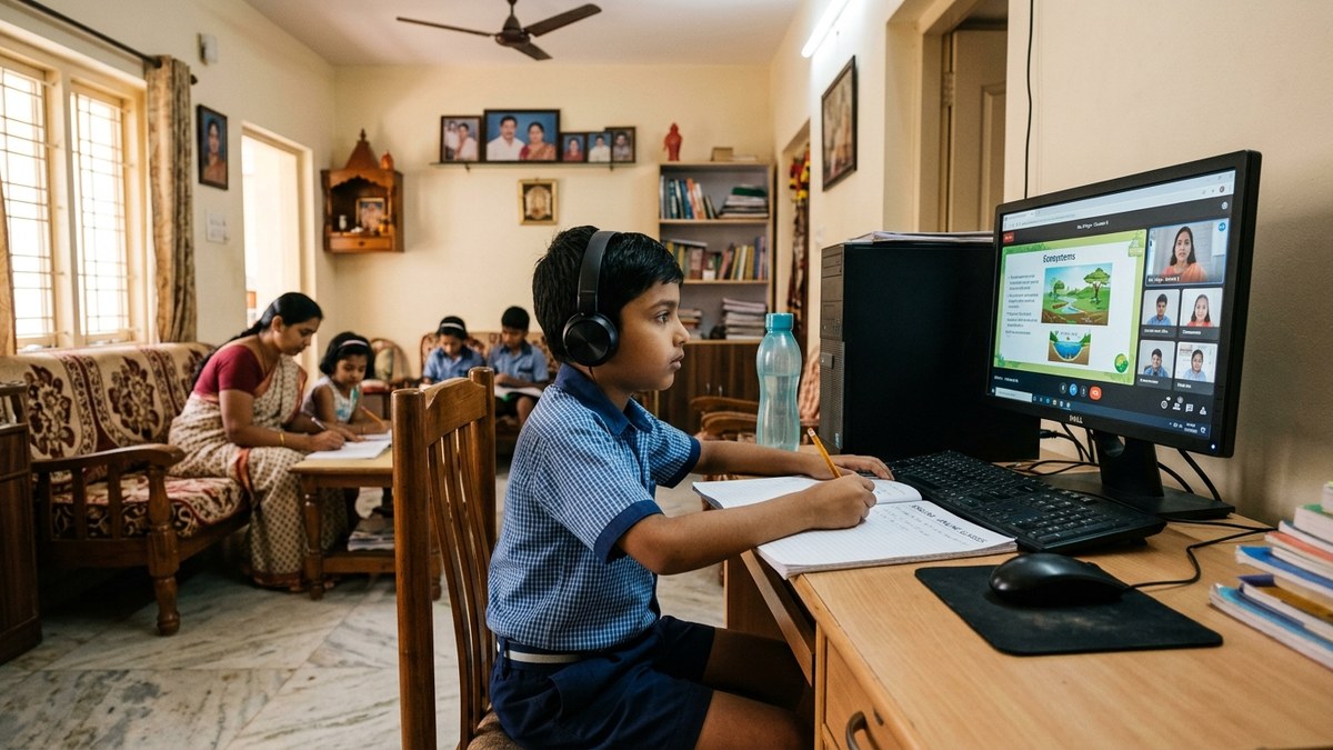 Indian child doing online lessons on desktop computer in living room