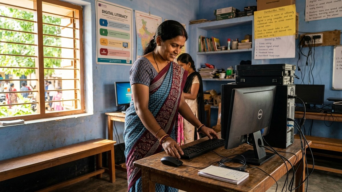 start microschool India educator setting up computer station