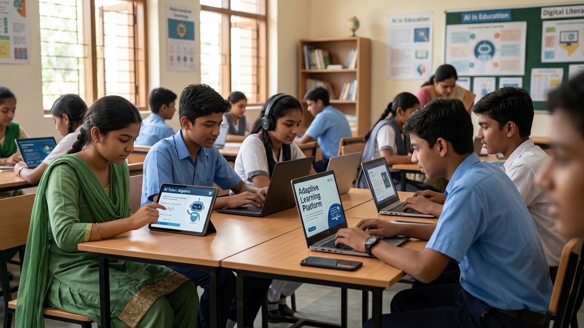 Indian students using digital devices with AI tools for teachers for learning