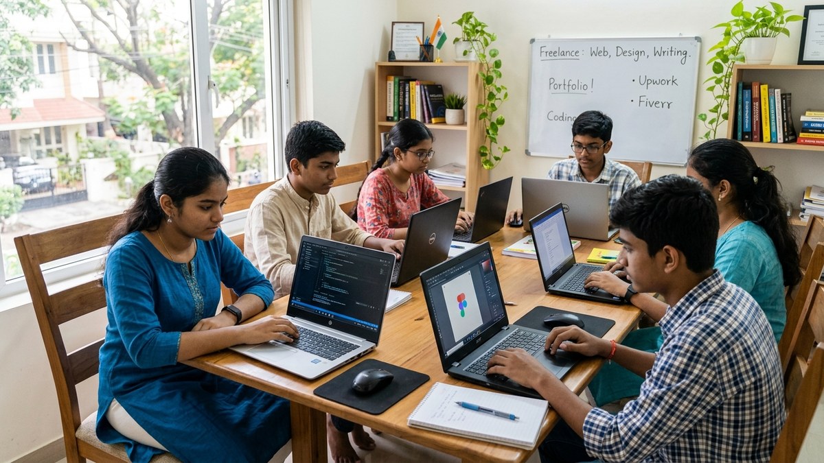 Young Indian teenager working on freelance graphic design at home