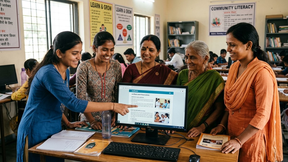 Group of Indian women learning computer skills together in community centre