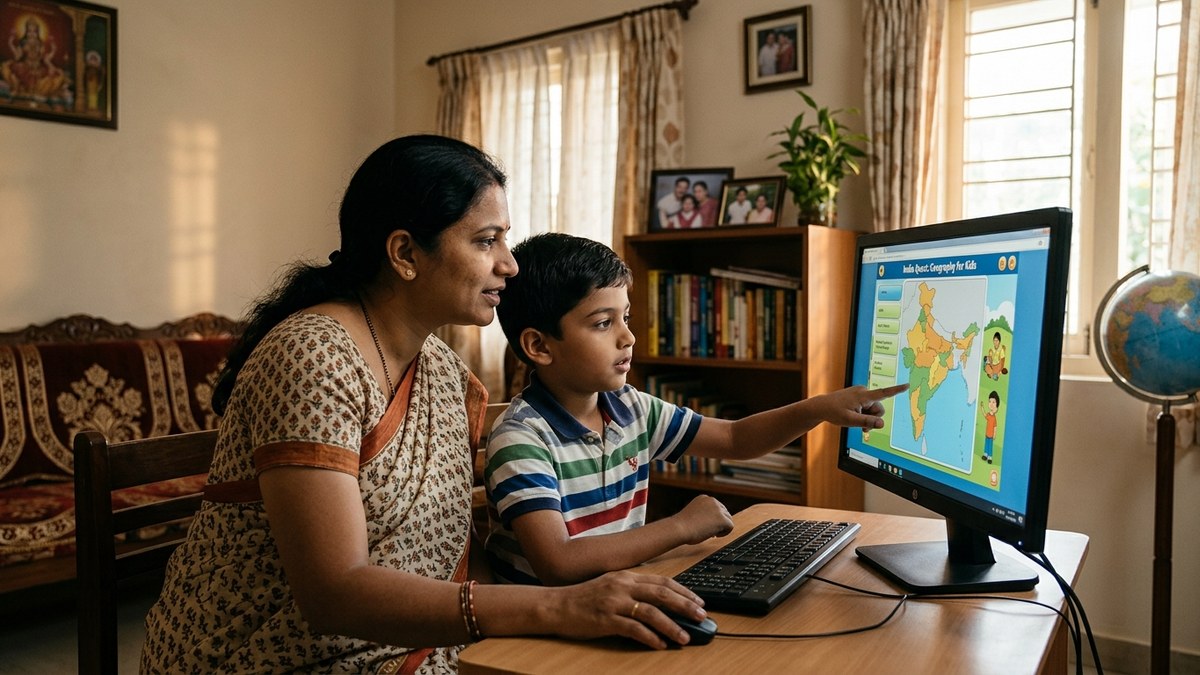 Indian parent and child exploring AI tools for Indian students on desktop computer