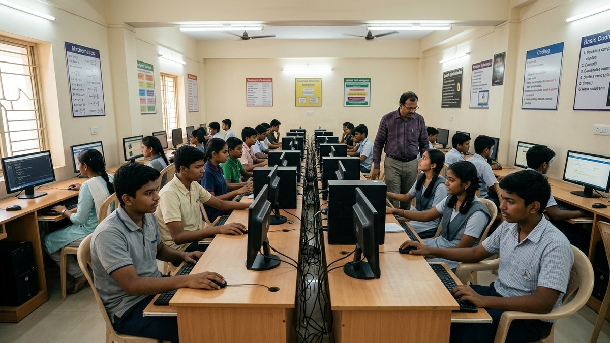 Indian classroom with students using computers for learning