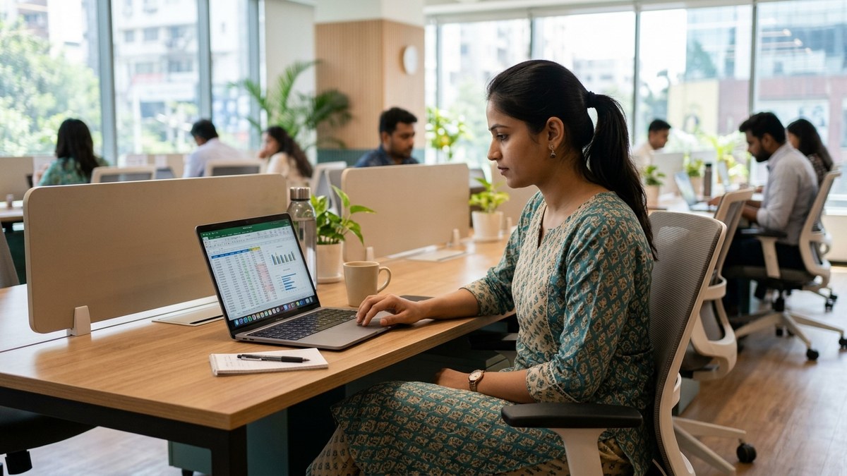 Young Indian woman working with spreadsheets on laptop