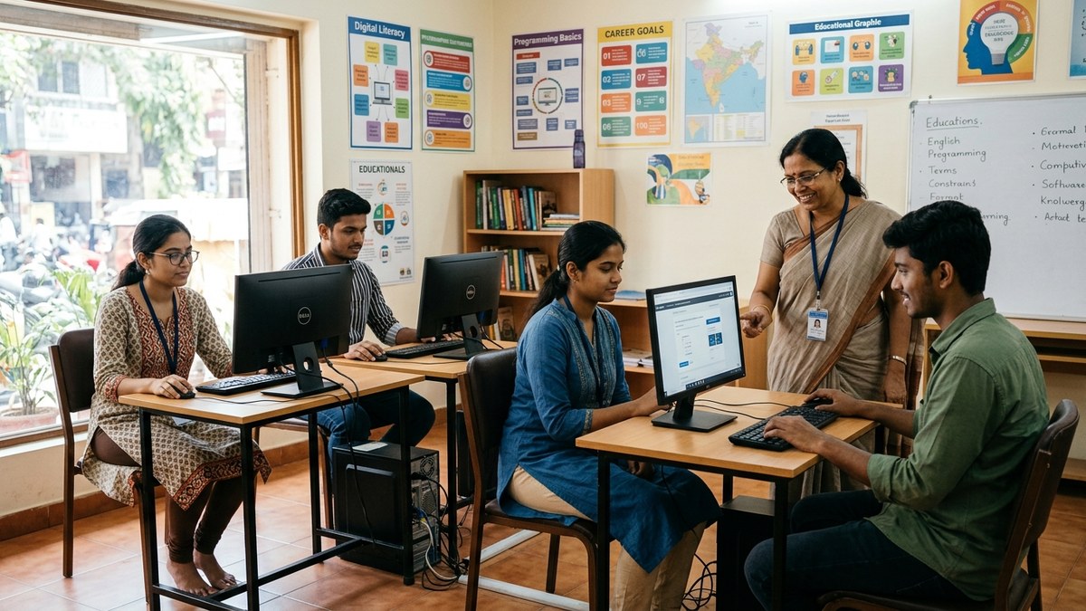 Indian community learning centre with students using computers for tuition classes from home