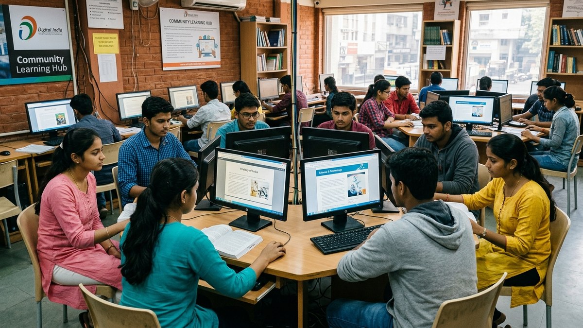 digital library Indian students reading e-books on computer