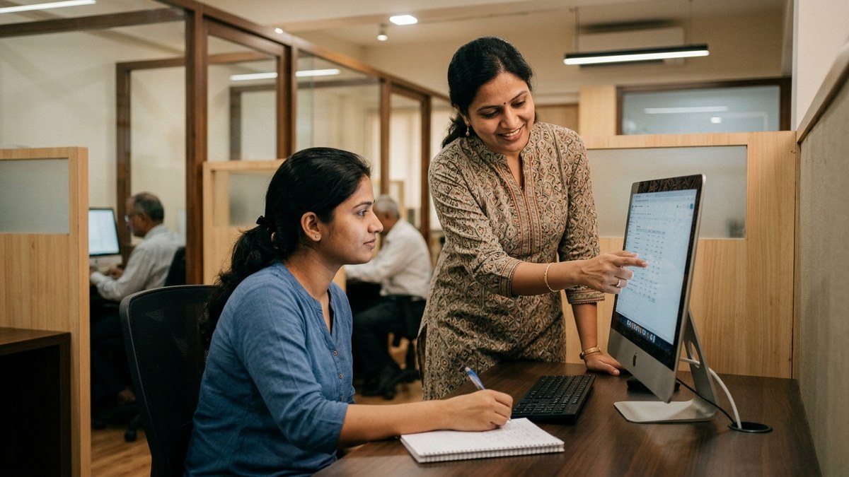 Indian female educator teaching digital skills to women on laptop in learning centre