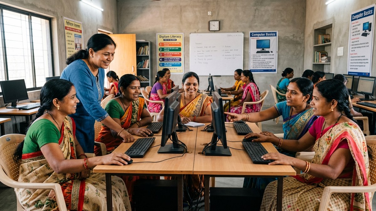 Indian women learning to use computer together at community center digital literacy training