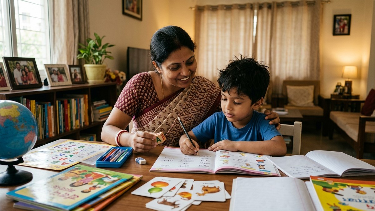 homeschooling in India mother teaching child at home with educational materials
