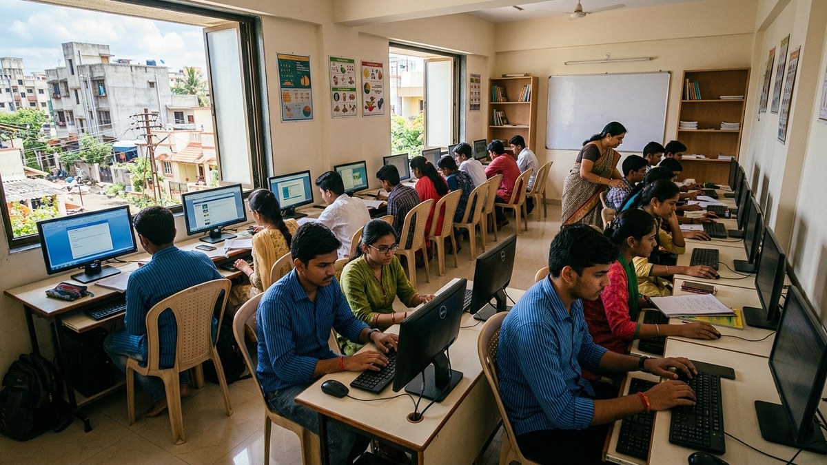 Community learning centre in India where students learn coding on individual computers
