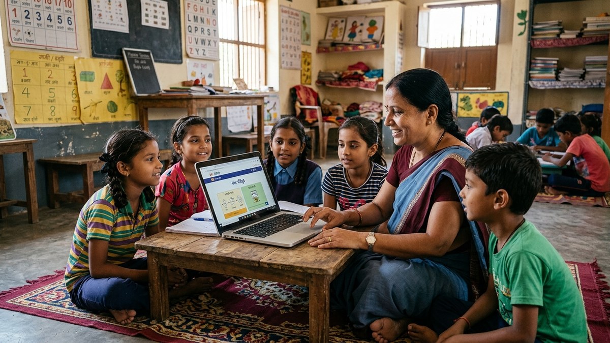 multi-grade classroom technology Indian teacher using tablet