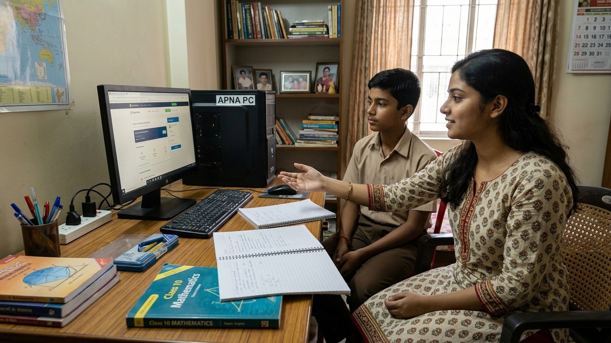 Indian home tutoring setup with APNA PC computer and study materials on desk