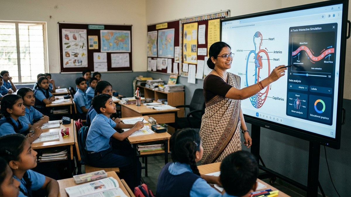 Indian teacher using smart board AI tools in classroom