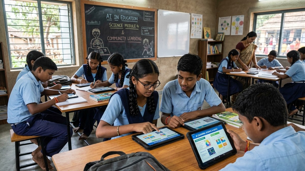 Indian students learning with AI-powered tablets in a modern classroom
