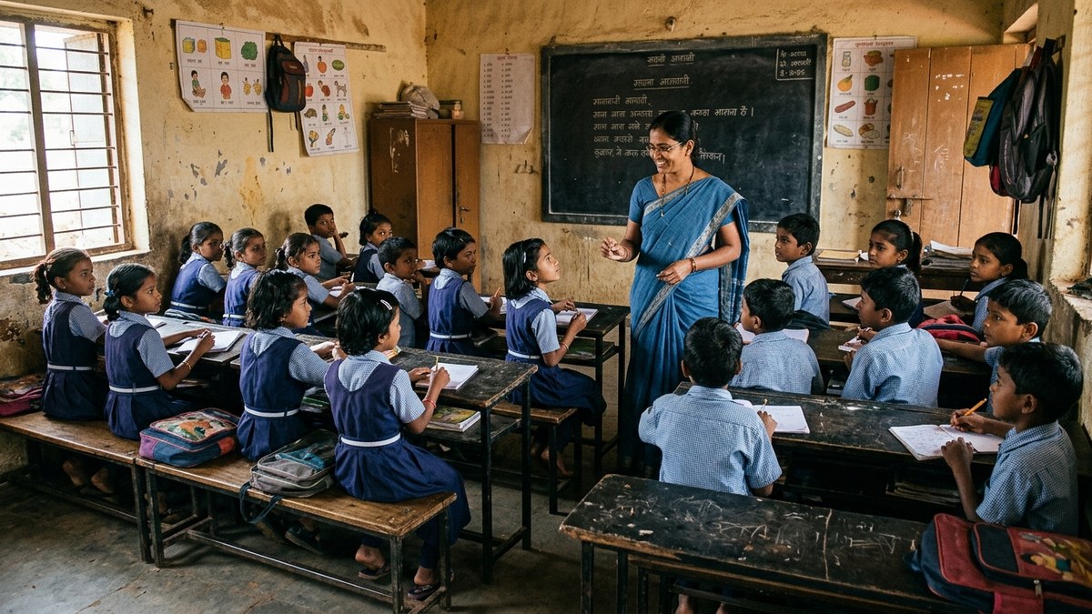 Microschools classroom in rural India with students learning together