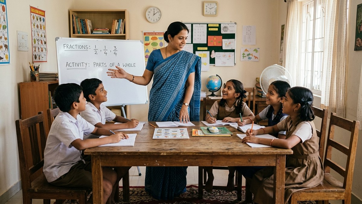 Indian educator teaching small group of students in a home-like classroom setting