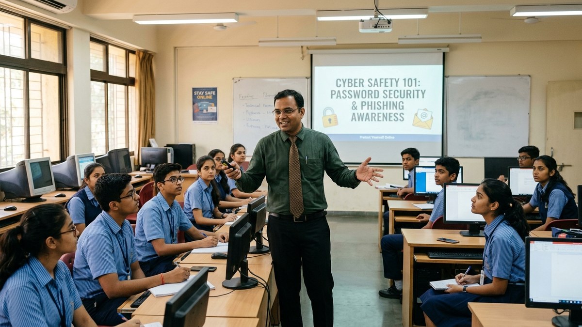 Teacher explaining cyber safety concepts to students in a classroom